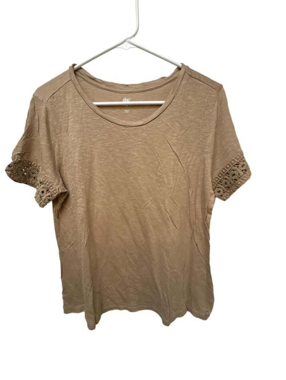 Dip Women's Brown Short Sleeve T-Shirt with Crochet Sleeve Details Size M